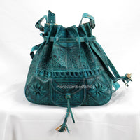 Sac seau moyen en cuir, sac seau marocain gravé