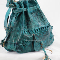 Sac seau moyen en cuir, sac seau marocain gravé