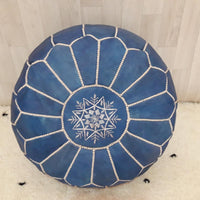 POUF bleu marocain bohème avec surpiqûres blanches, pouf en cuir, pouf ottoman, pouf marocain, pouf maroquin, ottomane marocaine non rembourrée