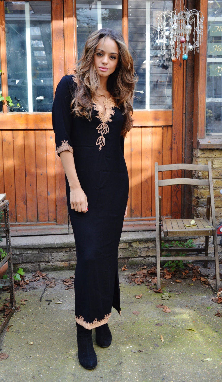 NOUVEAUTÉ - Robe Caftan Caftan Noir et Marron Caramel - Khalia - Vêtements de Détente, Vêtements de Villégiature, Abaya, Jubiläen, cadeaux de maternité, caftan de plage, Aïd 