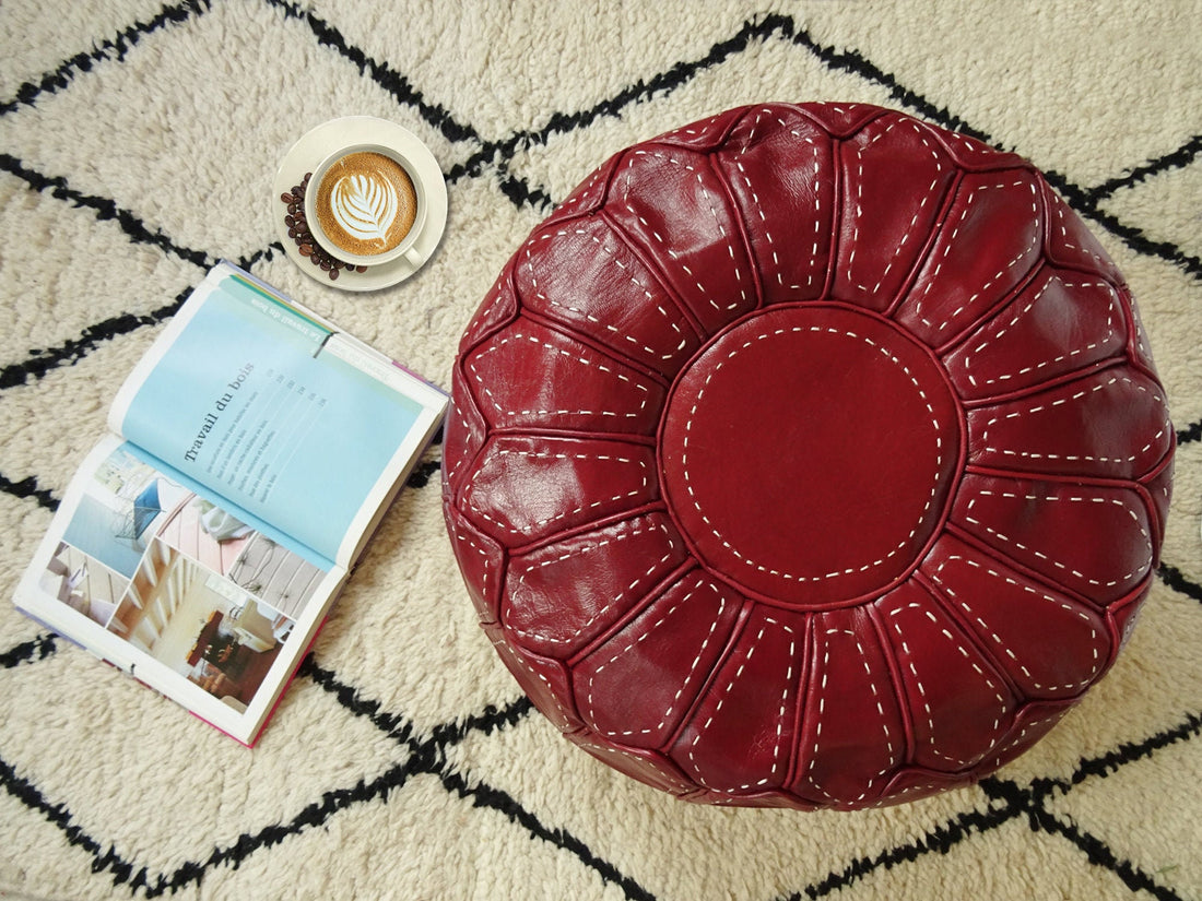 Pouf en cuir marocain rouge - repose-pieds ottoman pouf 100 % cuir naturel véritable - pouf marron fait main
