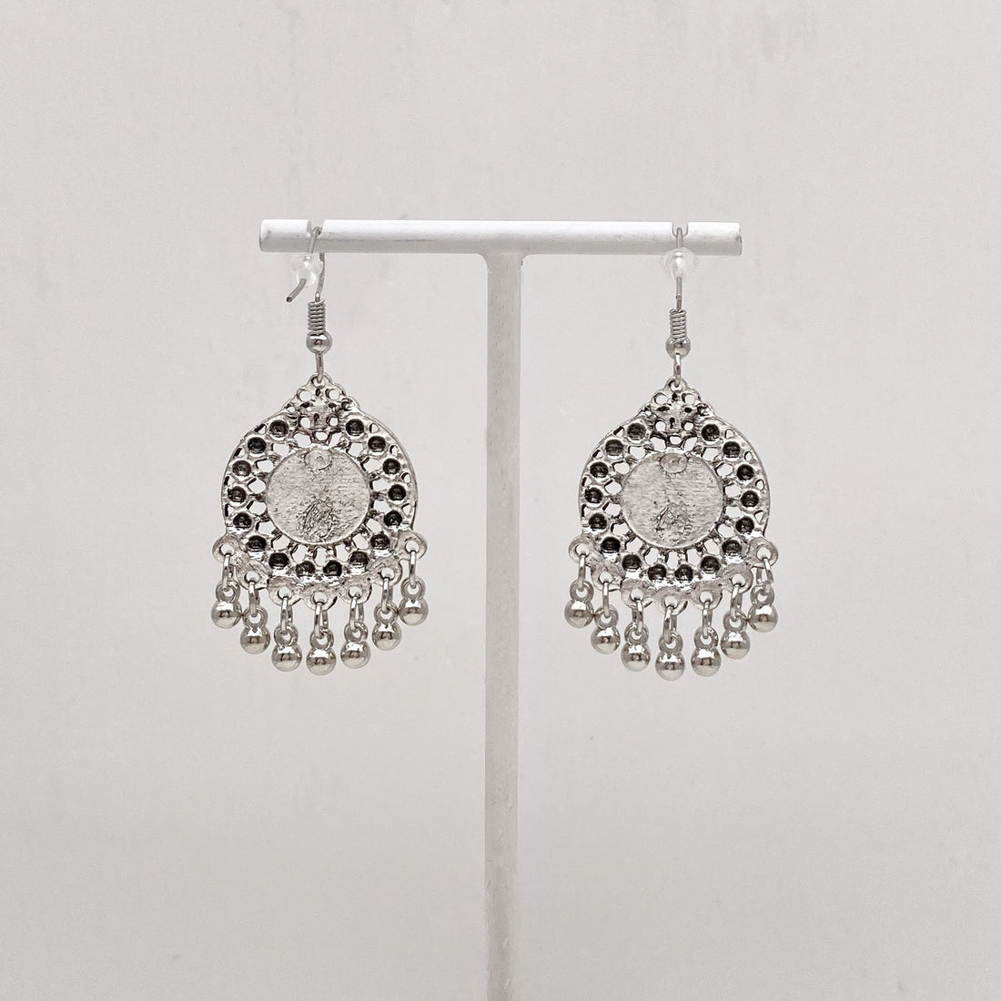 Boucles d'oreilles miroir rond et grelots / Bijoux ethnique bohème tribal