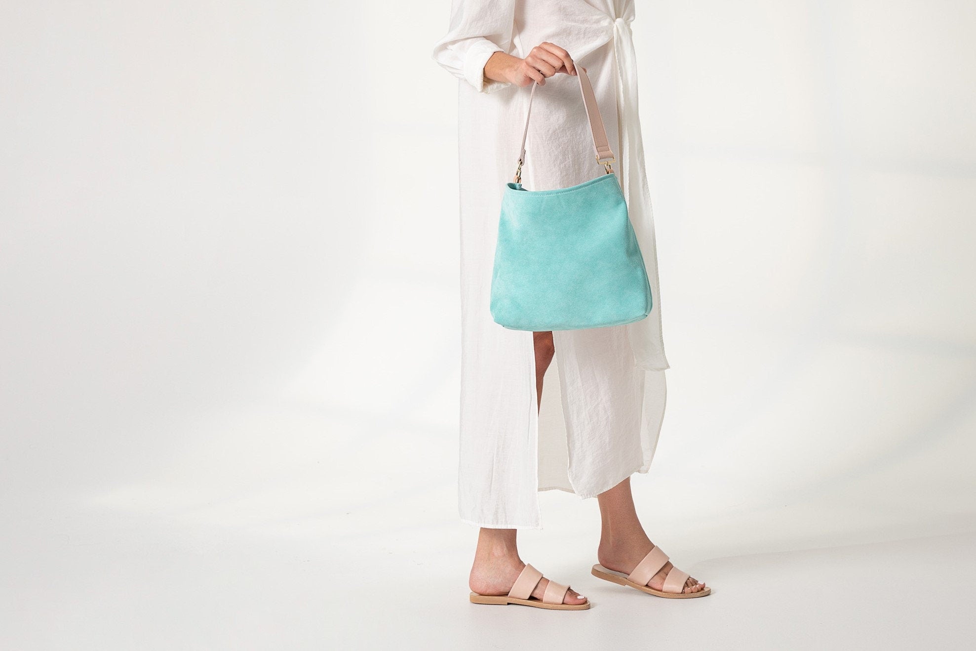 Sac hobo en daim turquoise : sac à bandoulière en cuir italien fait main