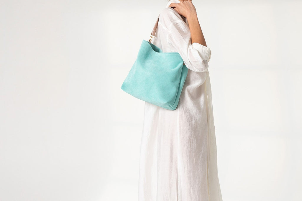 Sac hobo en daim turquoise : sac à bandoulière en cuir italien fait main