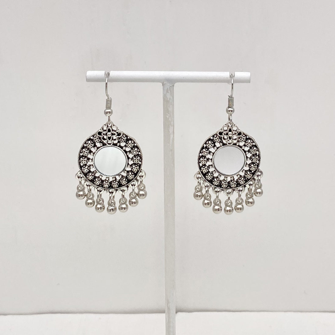 Boucles d'oreilles miroir rond et grelots / Bijoux ethnique bohème tribal