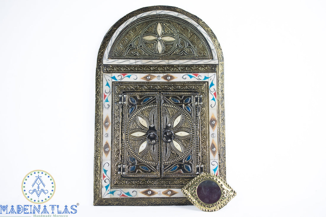 grand miroir mural, miroir marocain, art mural arabe, miroir incrusté d’os, miroir mosaïque, miroir Art déco, miroir voûté