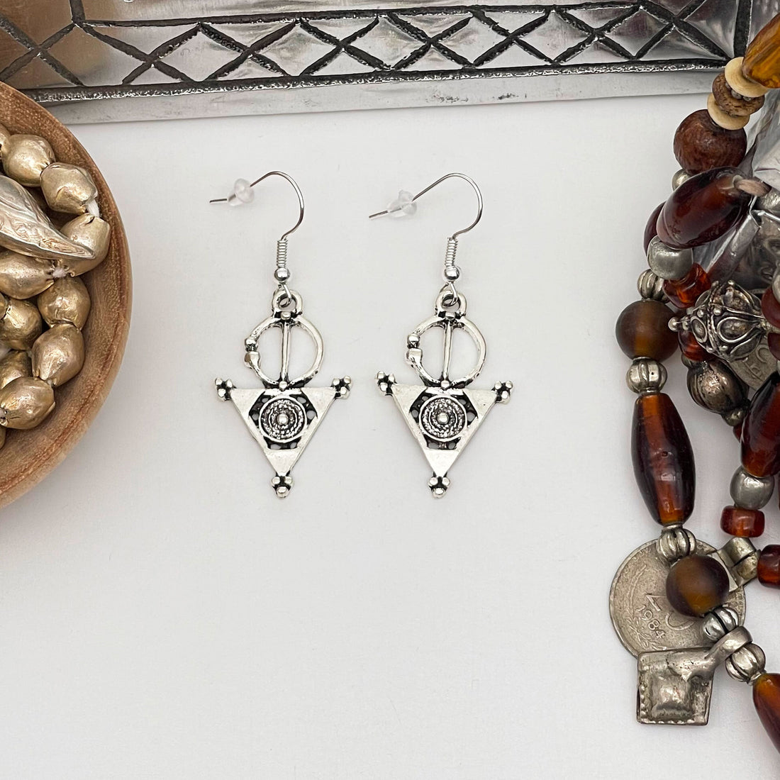 Boucles d'oreilles fibule berbère en argent plaqué  / Bijoux bohème ethnique boho