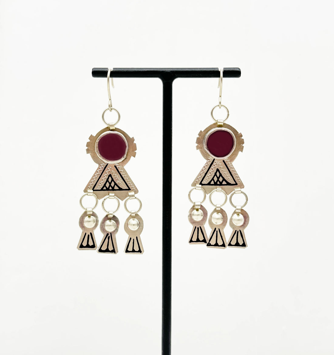 Boucles d'oreilles berbères en argent et cabochons en verre bordeaux / Bijou Maroc / Bijoux bohème ethnique boho