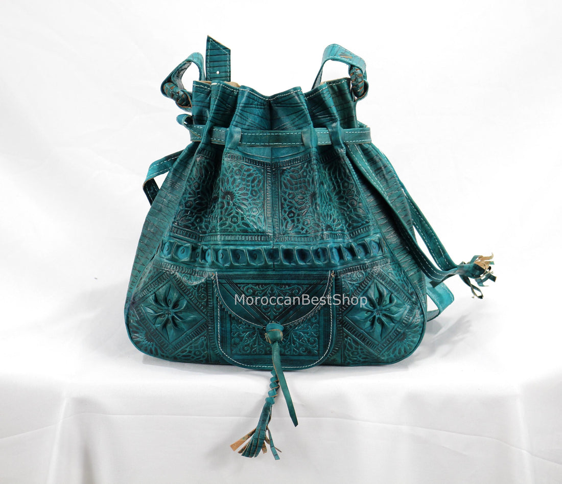 Sac seau moyen en cuir, sac seau marocain gravé
