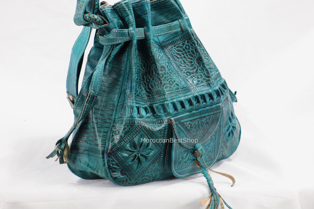 Sac seau moyen en cuir, sac seau marocain gravé