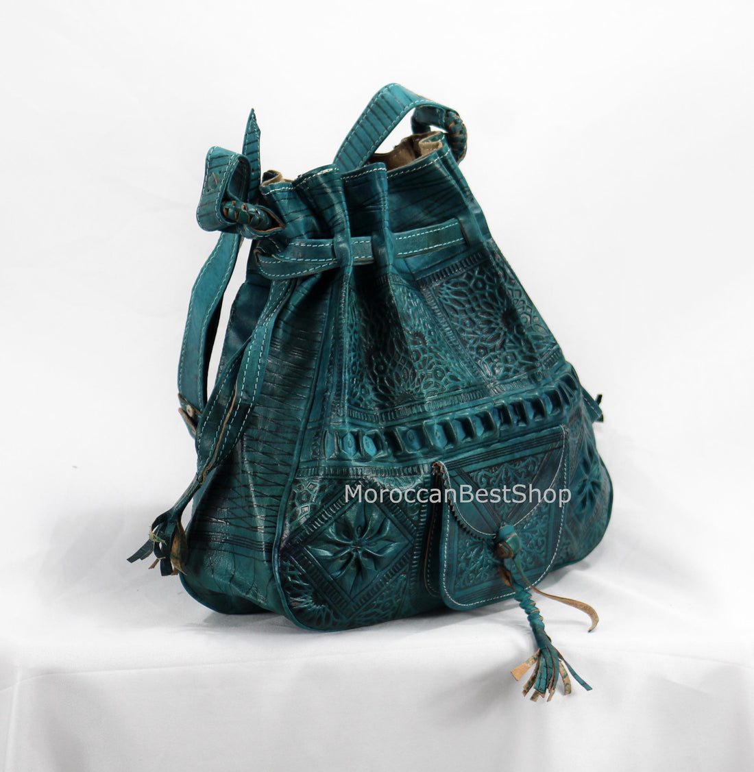 Sac seau moyen en cuir, sac seau marocain gravé