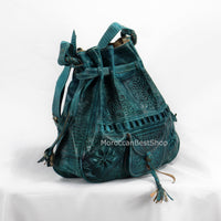 Sac seau moyen en cuir, sac seau marocain gravé