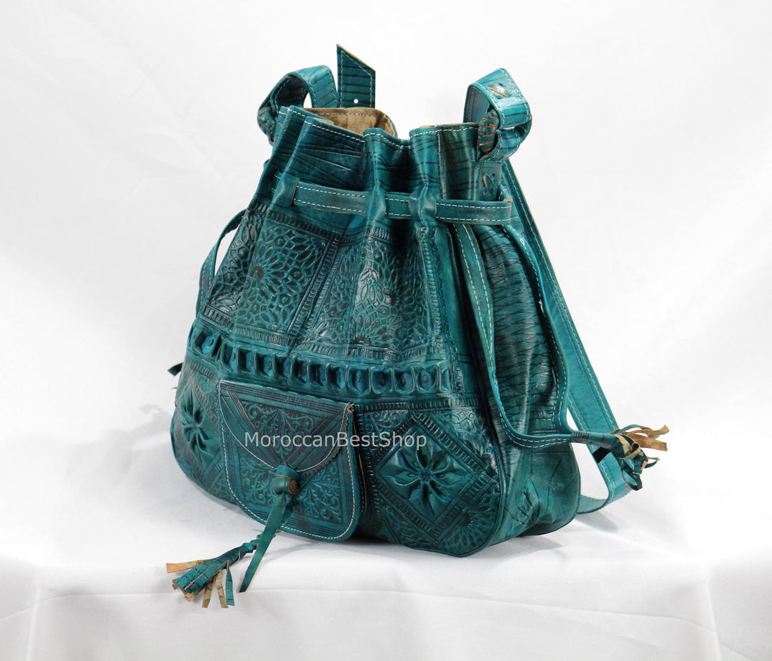Sac seau moyen en cuir, sac seau marocain gravé