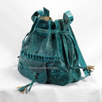 Sac seau moyen en cuir, sac seau marocain gravé