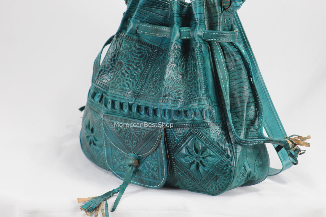 Sac seau moyen en cuir, sac seau marocain gravé