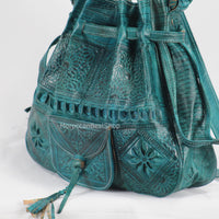 Sac seau moyen en cuir, sac seau marocain gravé
