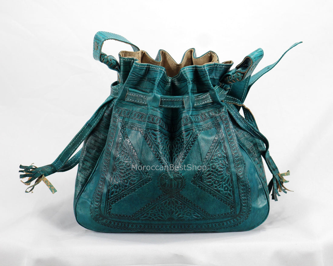 Sac seau moyen en cuir, sac seau marocain gravé