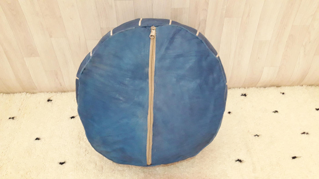 POUF bleu marocain bohème avec surpiqûres blanches, pouf en cuir, pouf ottoman, pouf marocain, pouf maroquin, ottomane marocaine non rembourrée