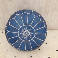 POUF bleu marocain bohème avec surpiqûres blanches, pouf en cuir, pouf ottoman, pouf marocain, pouf maroquin, ottomane marocaine non rembourrée